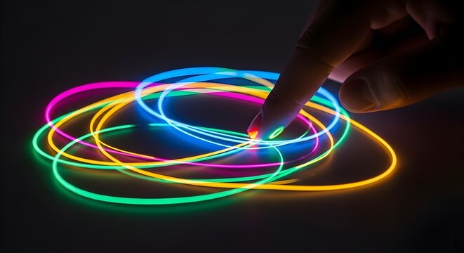 A finger tracing vibrant, colorful light trails on a dark surface, representing creative energy, speed, or digital art motion.