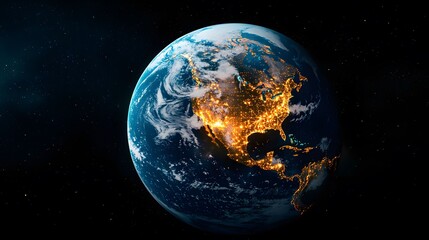 Obraz premium The image showcases a detailed, illuminated view of Earth, primarily focusing on North America and revealing its city lights from space.