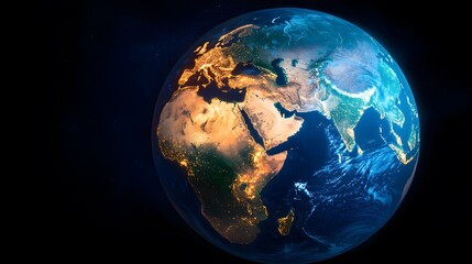 The image showcases a glowing Earth from space, highlighting illuminated cities and landmasses against the dark backdrop of space speckled with distant stars.