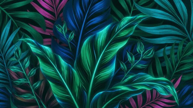 A seamless looping abstract animation featuring stylized tropical leaf patterns gently swaying and growing in a vibrant, artistic composition background, decoration, organic