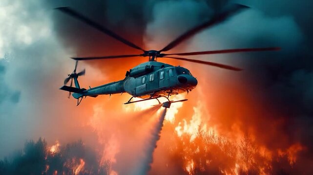A helicopter dropping water on a forest fire