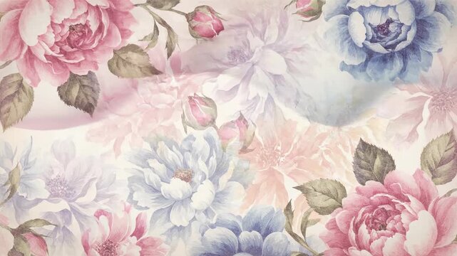 A seamless looping animation of subtly layered, faded vintage floral patterns gently shifting and overlapping, creating a dreamy, ethereal background texture beauty, gently shifting, overlapping