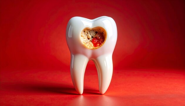 Tooth pain revealed: swollen abscess pocket at root, stark red background