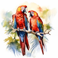 Two scarlet macaws perched on a branch, watercolor painting