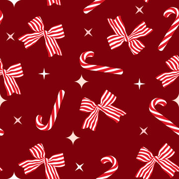 Red and white pattern bow with candy cane seamless pattern for Christmas background 