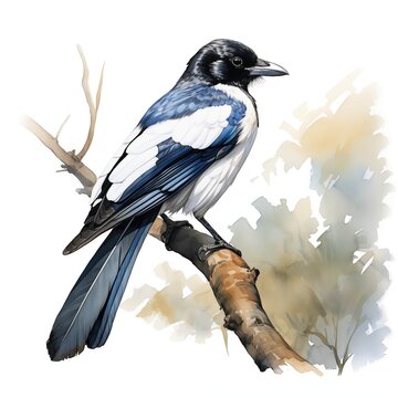 Azure-winged magpie perched on a tree branch against a watercolor background