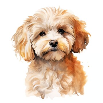 Adorable fluffy cavoodle puppy portrait in watercolor style
