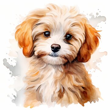Adorable fluffy cavoodle puppy portrait in watercolor style