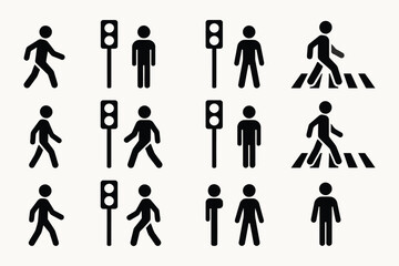 Collection of pedestrian crossing and traffic signal icons for safety and navigation