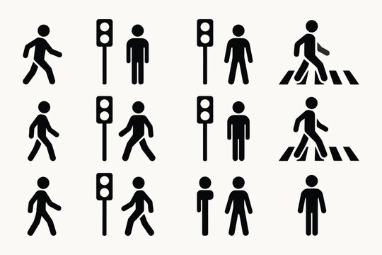 Collection of pedestrian crossing and traffic signal icons for safety and navigation