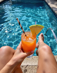 Refreshing orange cocktail with ice and slice of lime held by person relaxing by clear blue swimming pool on sunny day, evoking calm and leisurely mood