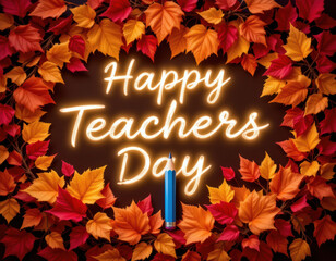 Happy Teachers Day glowing text surrounded by colorful autumn leaves and blue pencil, celebrating education and appreciation with warm fall colors and festive design