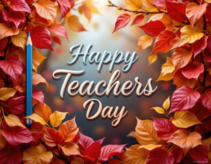 Happy Teachers Day greeting with colorful autumn leaves and blue pencil, creating warm and festive atmosphere to celebrate educators dedication and inspiration