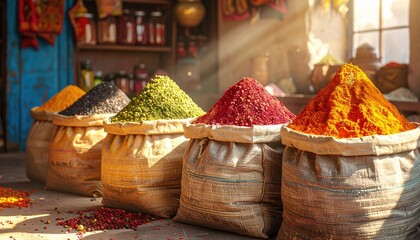 Vibrant Spice Market Display Sacks of Turmeric Chili Pepper Lentils and Black Pepper in Warm Sunlight
