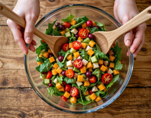 Fresh vegetable salad with cherry tomato, lettuce, cucumber, cheese cubes, and grape served in glass bowl with wooden salad spoons on rustic wooden table, healthy meal preparation