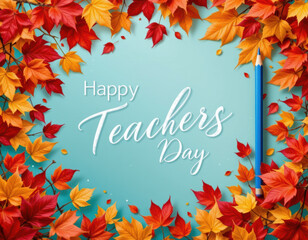 Happy Teachers Day greeting card with colorful autumn leaves and blue pencil on light blue background, celebrating education and appreciation with vibrant fall colors