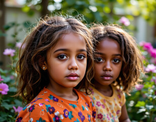 Two young girls with curly hair wearing floral dresses stand close together outdoors surrounded by blooming flowers, their expressions calm and thoughtful in soft natural light