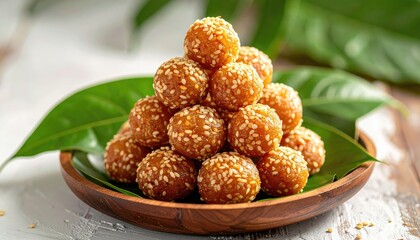 Warm Banana Coconut Tapioca Dessert Che Chuoi Served in Bowl with Sesame Seeds and Green Leaves