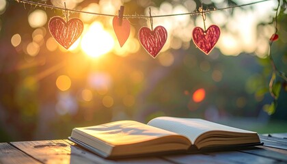 Warm Sunset Glow Illuminates Open Book and Hanging Hearts Outdoors on a Wooden Table