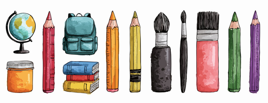 Una collezione di strumenti scolastici e artistici, inclusi matite, pennelli e libri, illustrata con vivaci acquerelli, che evoca creatività e apprendimento.