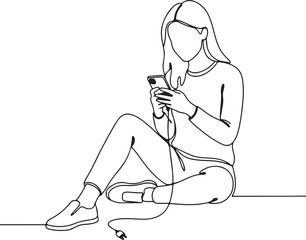 One Line Art Drawing Young Woman Sitting and Charging Smartphone, Symbolizing Digital Life and Modern Connectivity
