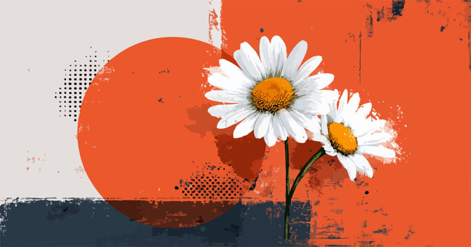 Un'illustrazione vettoriale artistica cattura la bellezza serena di due margherite in fiore, immerse in un vibrante paesaggio astratto con texture grunge.