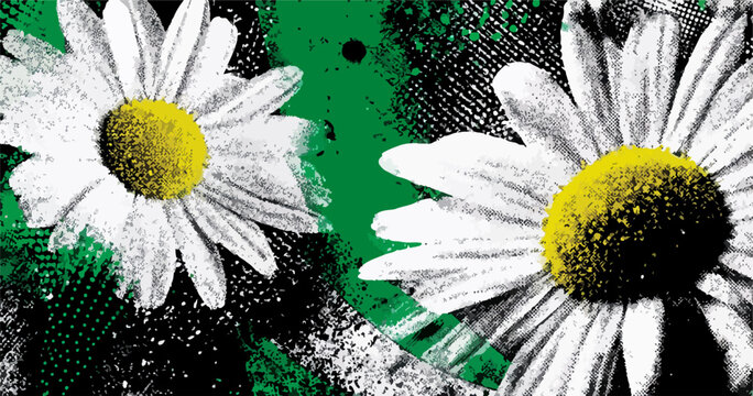 Due margherite stilizzate emergono da uno sfondo astratto e grunge, creando un'immagine vibrante e artisticamente espressiva.