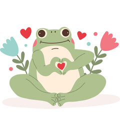 Cute Green Frog Making Heart Shape With Hands Surrounded By Pink And Blue Flowers And Red Hearts With A Transparent Background