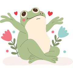 Cute Green Frog With Open Arms Surrounded by Pink and Blue Flowers and Red Hearts Against a Transparent Background
