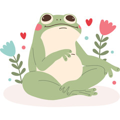 Cute Green Frog Sitting in Meditation Pose Surrounded by Flowers and Hearts on a Transparent Background