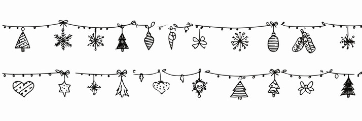 Illustrazione vettoriale decorativa con ghirlande natalizie disegnate a mano e una varietà di ornamenti festivi per celebrare l'inverno.