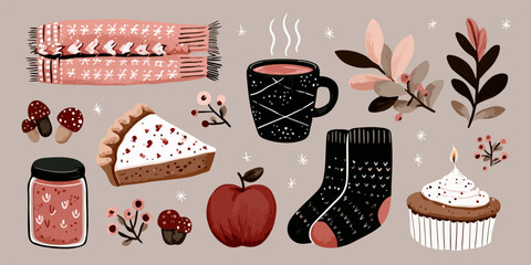 Una collezione vettoriale di elementi accoglienti per l'autunno e l'inverno, con cibo, bevande calde e accessori confortevoli, perfetta per design stagionali.