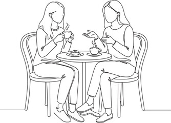 Two young women, friends, enjoying coffee and conversation at a cafe with a pastry, minimalist line art illustration
