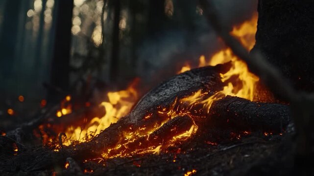 A fiery blaze burns in the center of a dense forest, surrounded by trees and foliage
