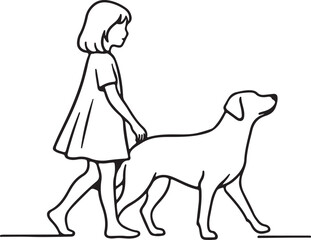  Line art illustration of a young girl and her dog walking together, depicting childhood friendship and companionship with a pet