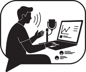Man Recording Podcast, Webinar, or Digital Broadcast with Laptop and Microphone in Speech Bubble Icon.