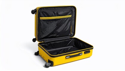 Yellow suitcase with black interior ready for journey, luggage for travel preparation