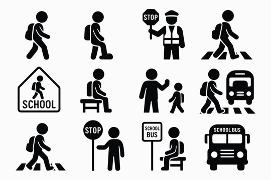 School crossing guards and students walking to school icons set