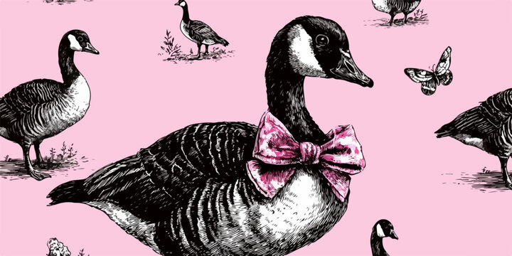 Un'oca canadese disegnata con stile e un papillon rosa vivace creano un motivo decorativo su uno sfondo monocromatico, evocando un'atmosfera affascinante.