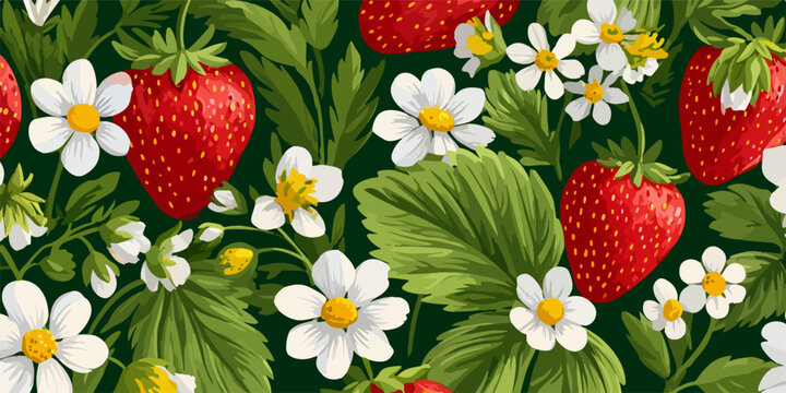 Elegante pattern vettoriale senza soluzione di continuit&agrave; che celebra la freschezza estiva con fragole rosse, foglie verdi e candidi fiori selvatici.