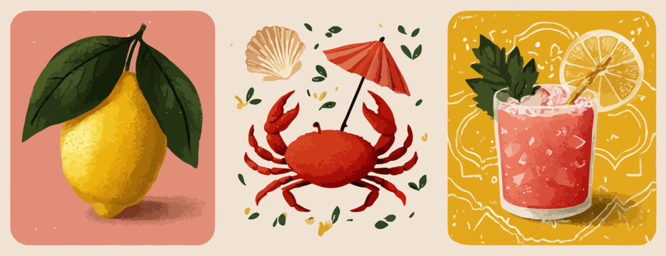 Illustrazioni vettoriali estive che catturano la freschezza di un limone, la vivacit&agrave; di un granchio e il piacere di un cocktail rinfrescante.