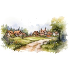Fototapeta premium Watercolor painting of a quaint village nestled amongst lush greenery