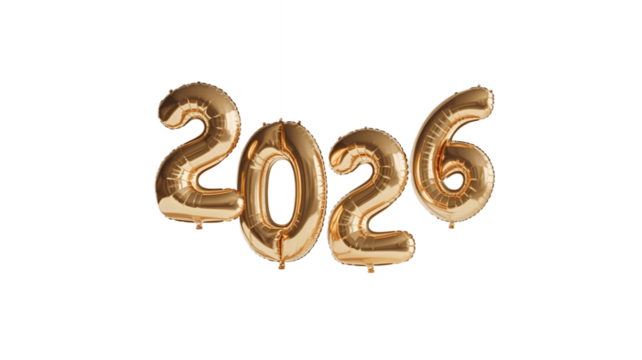 Golden balloons forming the year 2026, marking a new beginning.