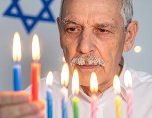 An elderly man lights a menorah during a holiday celebration