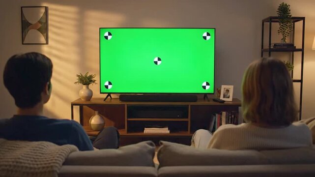 Couple Watching TV Green Screen Living Room Home Entertainment Mockup Template Display