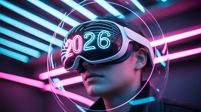 A person wearing VR glasses in a futuristic setting with the year 2026.
