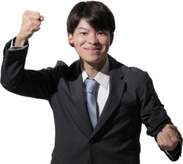 ガッツポーズの若い男性カメラ目線　リクルートとや就活のイメージ　背景透明	
