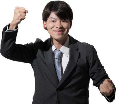 ガッツポーズの若い男性カメラ目線　リクルートとや就活のイメージ　背景透明	