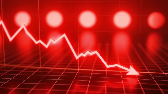 A red graph downward trend market decline falling arrow financial crisi stock chart bearish los concept recession fear risk warning, red glow, volatility plunge acros grid glowing bokeh lights