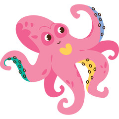 Cute Pink Cartoon Octopus with Yellow Heart and Blue Accents on Tentacles Facing Forward Against Transparent Background